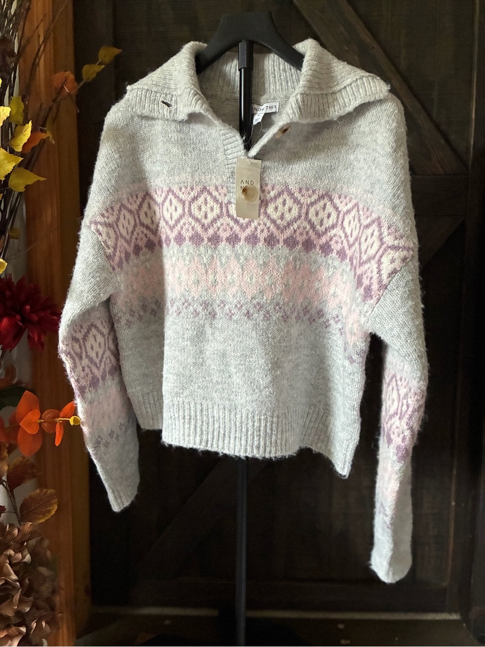 AND/OR Light Gray Fair Isle Cowl Turtleneck Sweater with Pink Accents